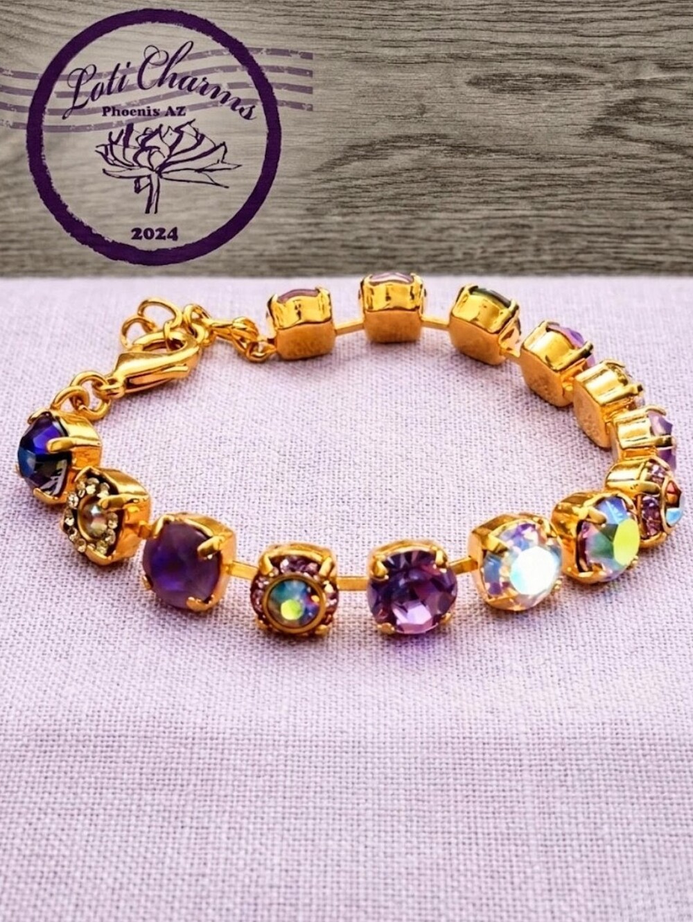 Lavender Violet &  Flower Crystals AB In Classic Tennis Gold Plated Bracelet